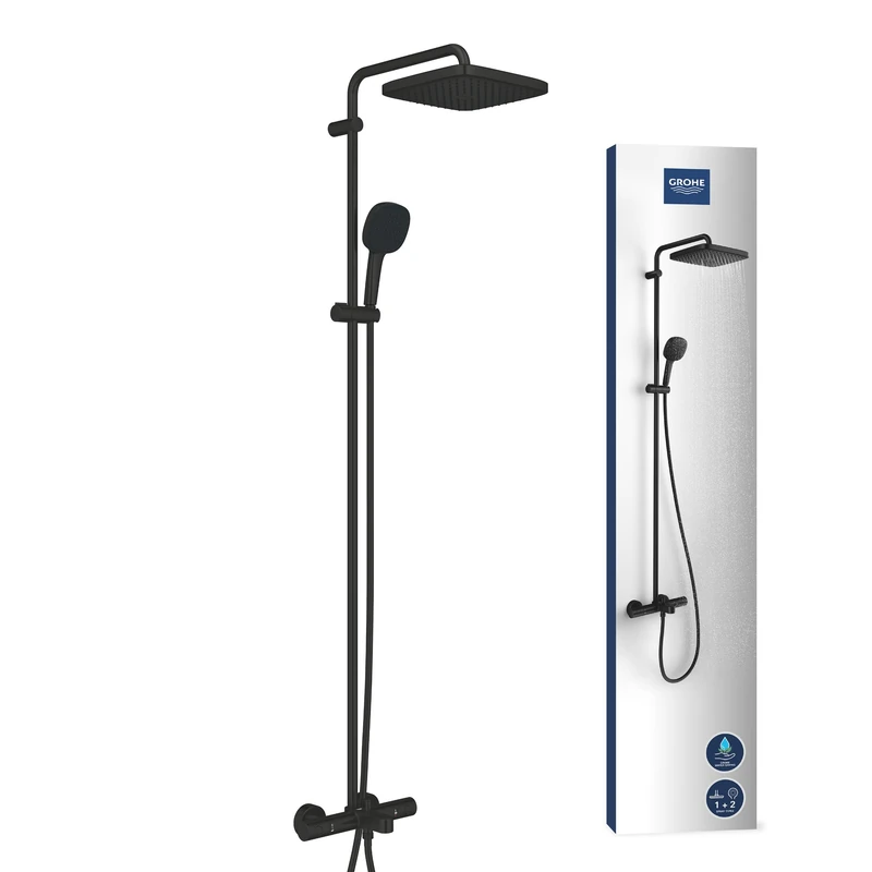 GROHE Vitalio Comfort 250 Bath Thermostatic Shower System with Aquadimmer (Cube 25cm Head Shower Rain Spray and 11cm Hand Shower 2 Sprays: Rain & Jet, Hose 1.75m, Water Saving), Matt Black, 269842431