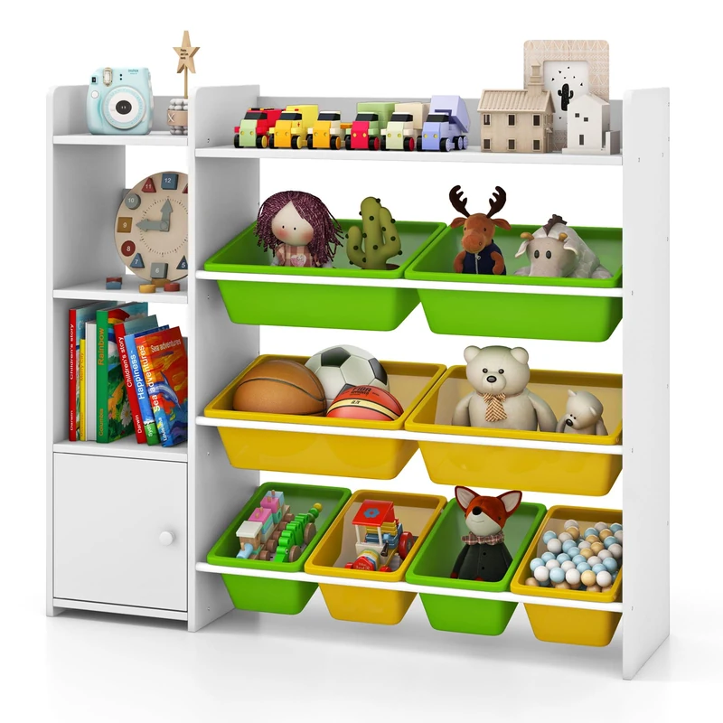 GYMAX Toy Storage Organizer, 4 Tiers Kids Bookshelf and Toy Storage Unit with 8 Bins, Open Shelves and Enclosed Cabinet, Children Bookcase for Playroom Bedroom Nursery (White+Yellow+Green)
