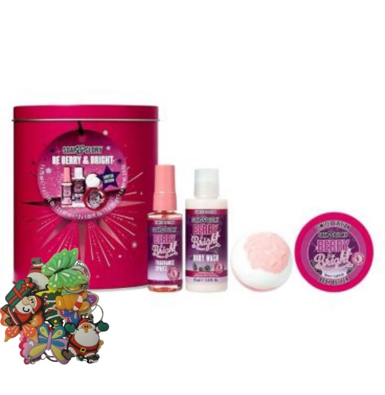 Soap and Glory Be Berry & Bright Gift Set | Body Wash, Body Butter, Body Spray & Bath Bomb with Free Keyring | Perfect Holiday or Birthday Gift for Glowing Skin | 4 Pcs