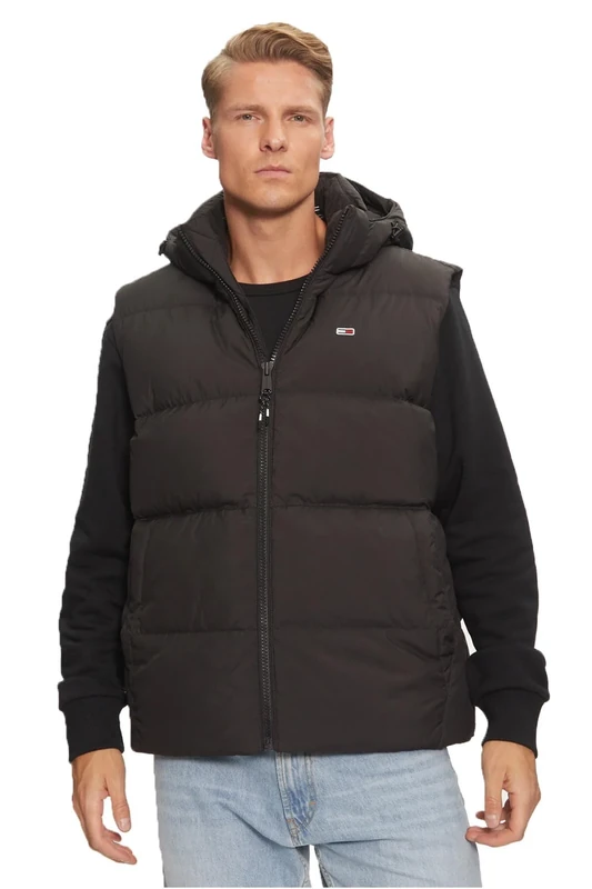 Tommy Jeans Men’s Essential Down Gilet with Hood, Black (Black), XXL