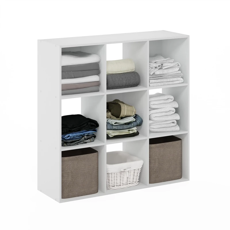 Furinno PELLI Wardrobe Storage Organiser, 9-Cube Open Shelves Clothes Storage, Open Back Clothing Closet Organiser, for Bedroom, Closet, White