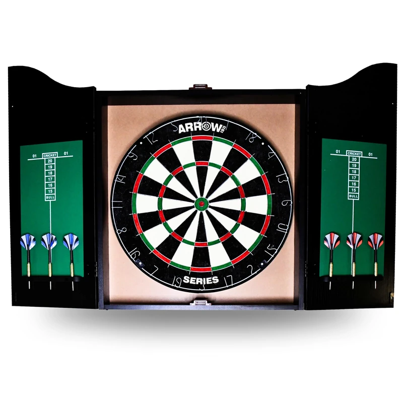 Arrow180 Series Bristle Dartboard Cabinet Set, Natural Sisal Board Official Tournament Specifications, 2 x 18g Steel Darts Sets, Adjustable Number Ring, Black