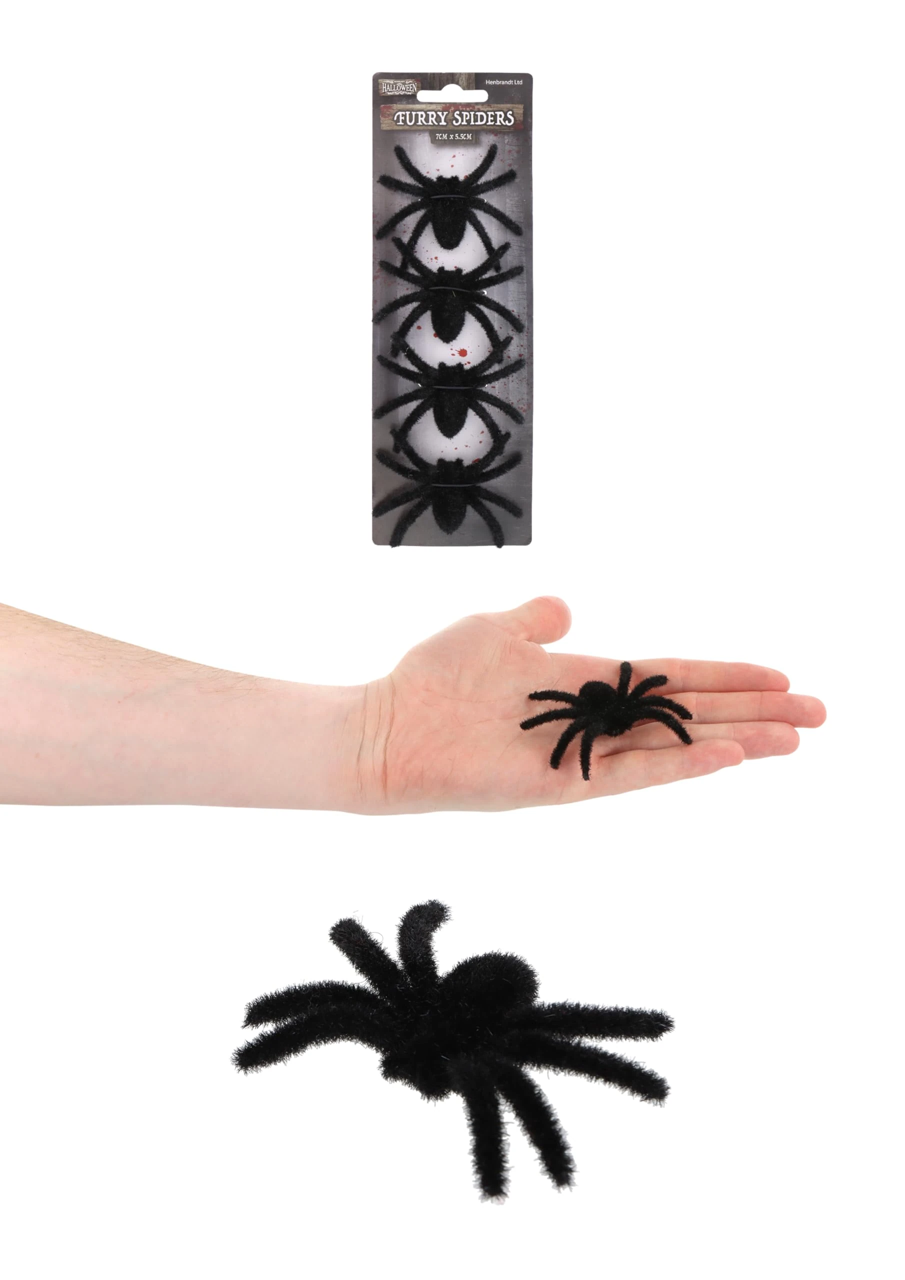 HENBRANDT Single Pack of 4 Small Furry Black Spiders 7cm Scary Hairy Spider Trick or Treat Party Favours Loot Bag Fillers Indoor Props Novelty Gag Gift Scary Pranks Halloween Decorations
