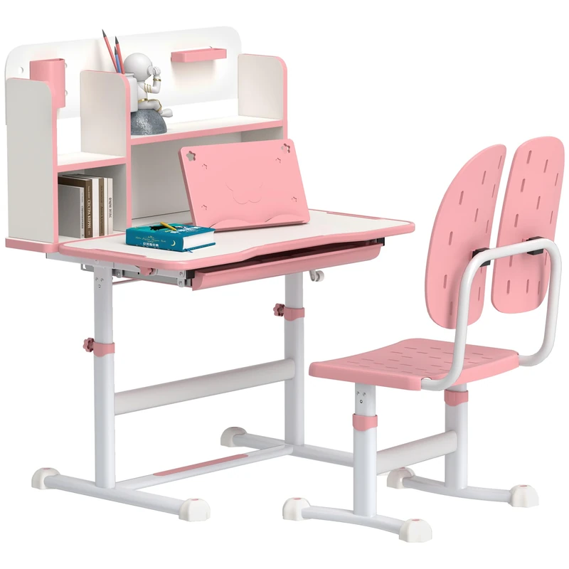 AIYAPLAY Kids Desk and Chair Set, Height Adjustable Children School Study Desk, Student Writing Desk with Tiltable Desktop Drawer, Pen Slot, Reading Rack for 3-13 Years, Pink