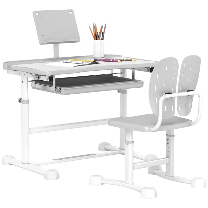 AIYAPLAY Kids Desk and Chair Set, Height Adjustable School Study Table Chair Set with Tilted Desktop, Storage Drawer, Book Stand, for Writing Reading, kids Aged 3-12 Years, Grey