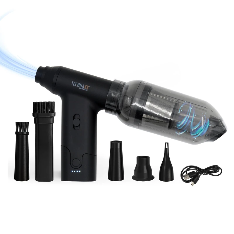 Technaxx Handheld Cordless Vacuum Cleaner with Air Duster, 160W Rechargeable Electric Dust Buster TX-293 - Stepless Speed Control, 5 Versatile Attachments - Ideal for Cars, Keyboards, Sofas, etc.