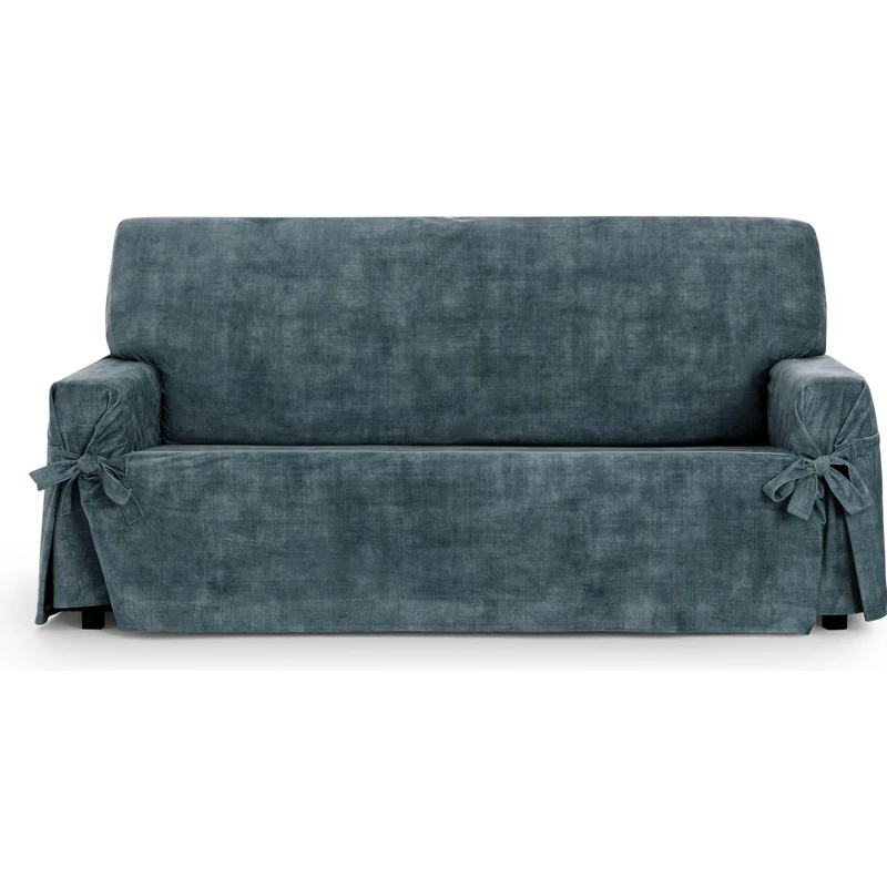 ECOMMERC3 | 2 Seater Sofa Cover in Non-Elastic Velvet Fabric – Blue Sofa-Cover Soft to the Touch with Stain Resistant Finish and Adjustment with Decorative Ties