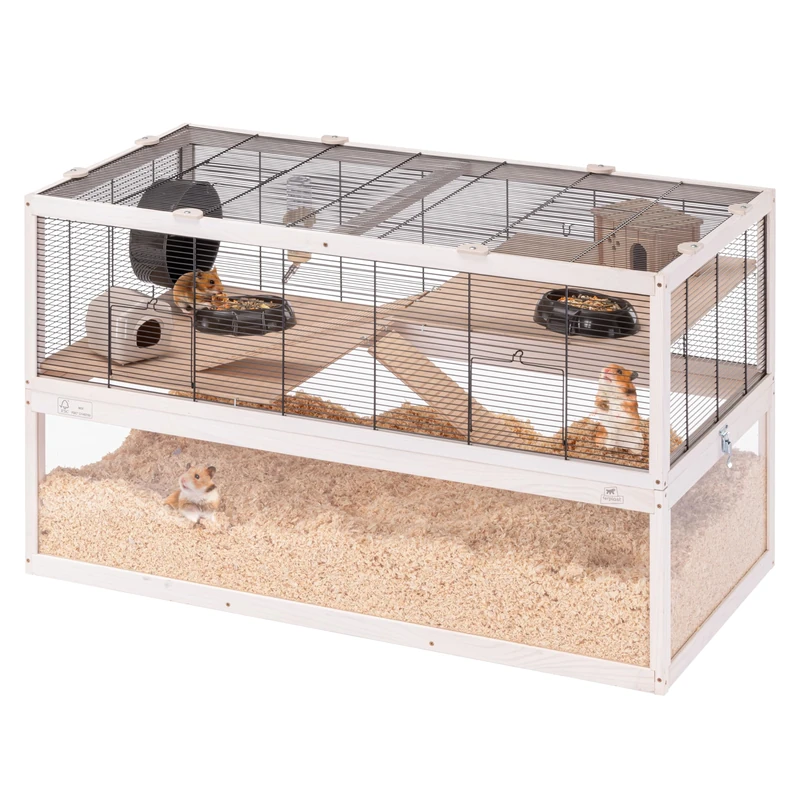 Ferplast Hamster Cage DOMSTER, Mouse Cage, 3 Levels, with Accessories, Platforms and Ladders, Painted Metal and FSC Wood, Transparent Base, Wooden Hamster Cage 100 x 50 x h 61 cm