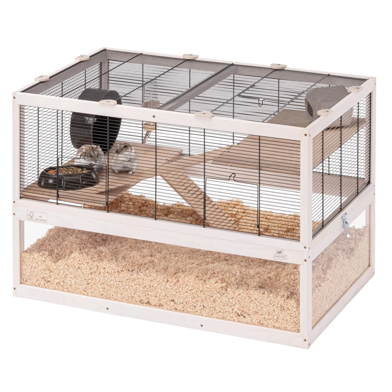 Ferplast Hamster Cage DOMSTER, Mouse Cage, 3 Levels, with Accessories, Platforms and Ladders, Painted Metal and FSC Wood, Transparent Base, Wooden Hamster Cage 80 x 50 x h 56 cm