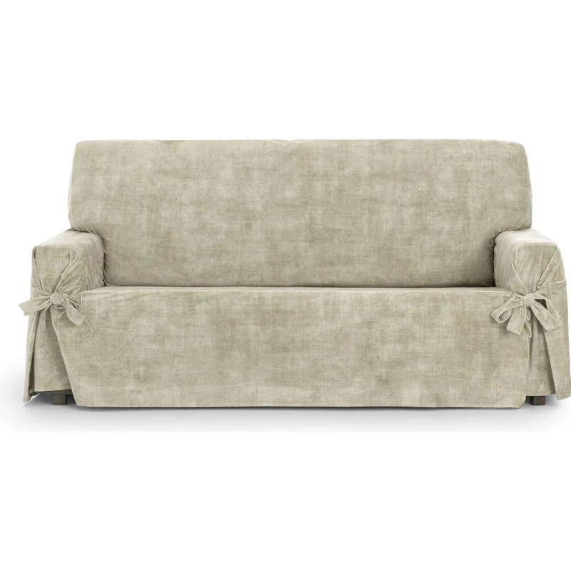 ECOMMERC3 | 2 Seater Sofa Cover in Non-Elastic Velvet Fabric - Ecru Sofa-Cover Soft to the Touch with Stain Resistant Finish and Adjustment with Decorative Ties