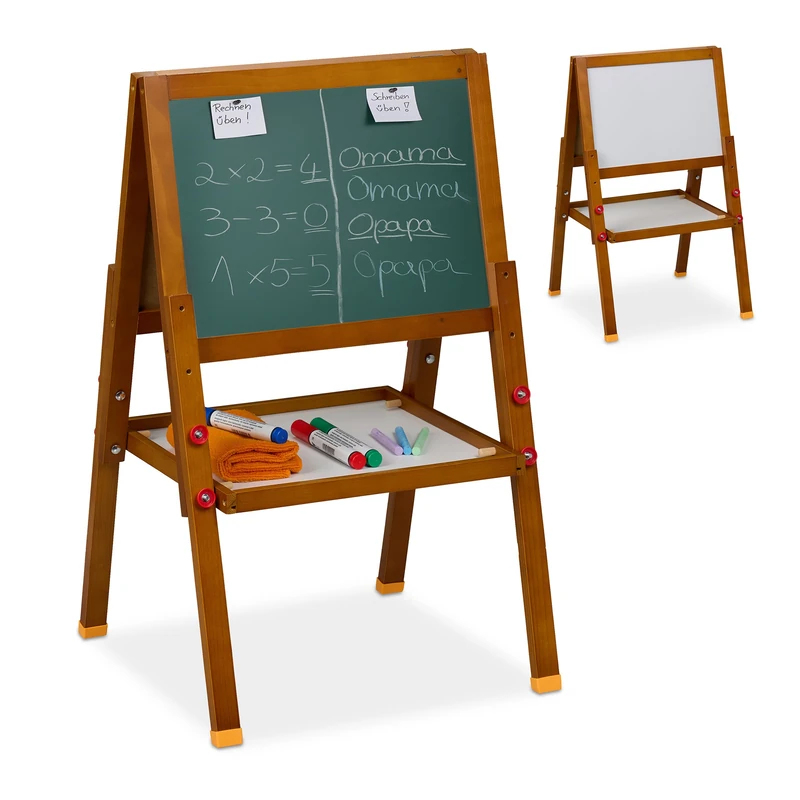 Relaxdays Children's Easel, Magnetic Board, Height-Adjustable, HWD: 77 x 39 x 44.5 cm, Whiteboard & Chalkboard, Brown, Wood