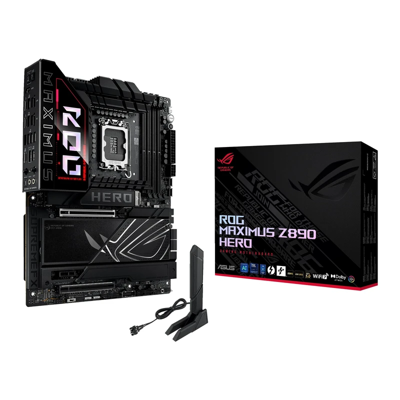 ASUS Intel ROG Maximus Z890 Hero ATX motherboard, 22+1+2+2 power stages, DDR5 slots, PCIe 5.0 with full support for next-gen GPUs, six M.2 slots, WiFi 7, AI Overclocking, PCIe Slot Q-Release Slim