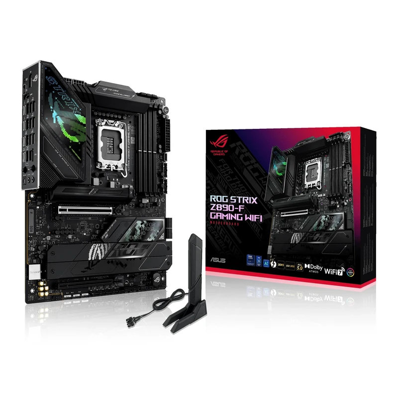 ASUS Intel ROG Strix Z890-F Gaming WiFi ATX motherboard, 16+1+2+2 power stages, DDR5 slots, PCIe 5.0 w/ full support for next-gen GPUs, five M.2 slots, WiFi 7, AI Overclocking, AI Networking II