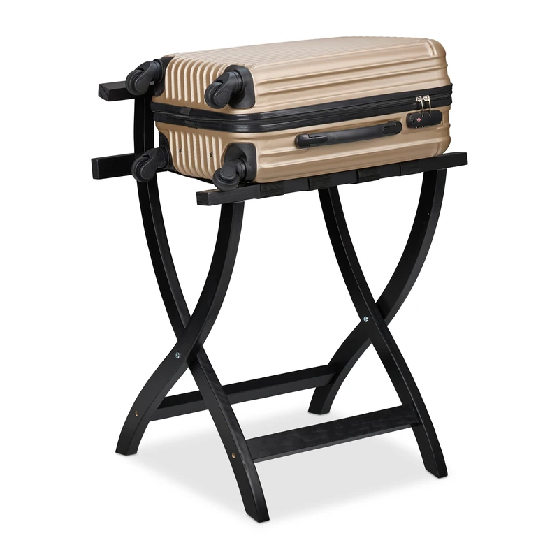 Relaxdays Folding Luggage Rack with Wall Protection, HxWxD: 75 x 60 x 41 cm, Suitcase Stand for Hotels, Pine Wood, Black, 43 x 23 x 1.5 cm