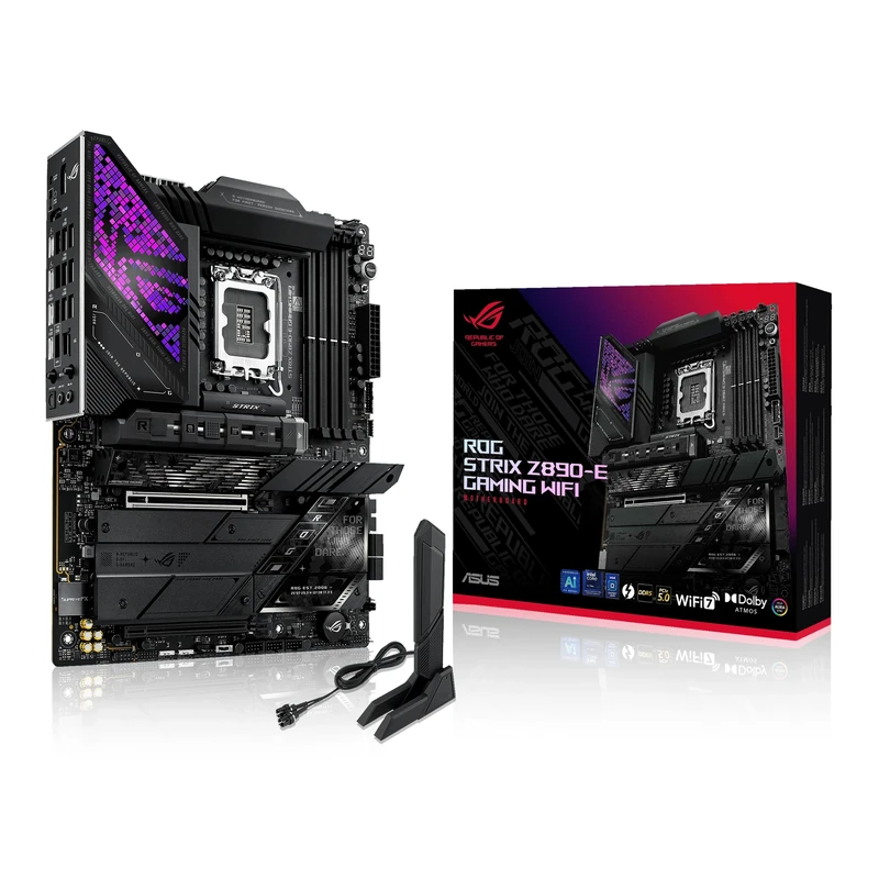 ASUS Intel ROG Strix Z890-E Gaming WiFi ATX motherboard, 18+1+2+2 power stages, DDR5 slots, PCIe 5.0 w/full support for next-gen GPUs, seven M.2 slots, WiFi 7, AI Overclocking, AI Networking II