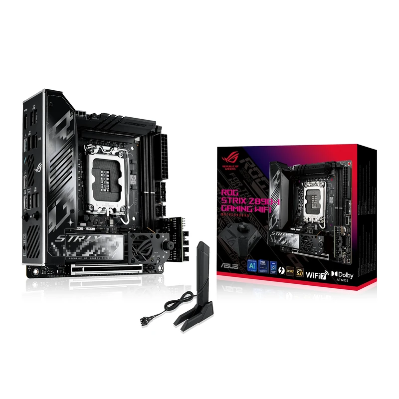 ASUS Intel ROG Strix Z890-I Gaming WiFi Mini-iTX motherboard, 10+1+2+1 power stages, DDR5 slots, PCIe 5.0 w/ full support for next-gen GPUs, two M.2 slots, WiFi 7, AI Overclocking, AI Networking II