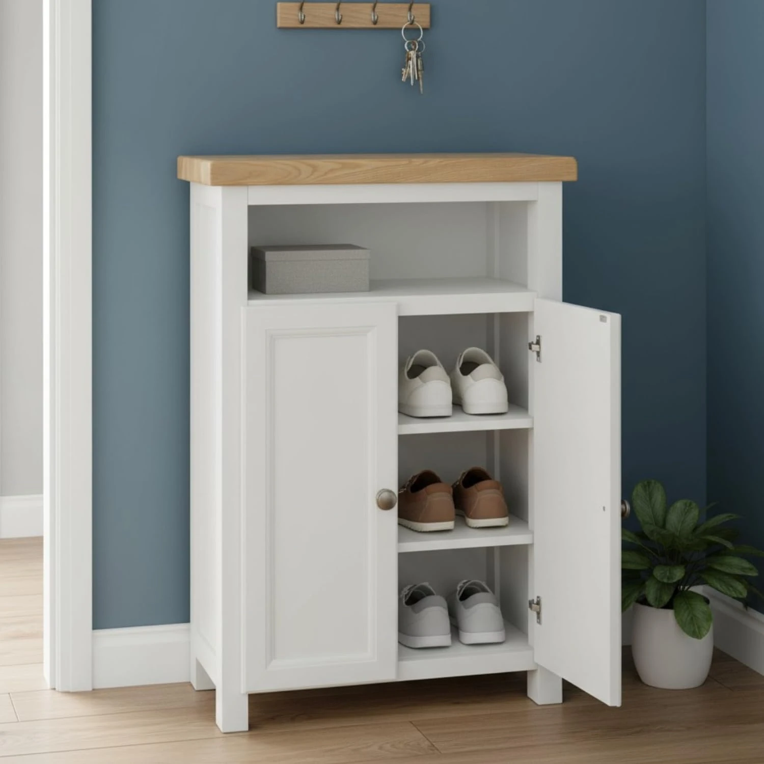 GROF GROFurniture Shoe Storage Cabinet White Painted, Ready-Assembled Hallway Organizer with Oak Top & Adjustable Shelves | Wooden Entryway Cabinet for Shoes | Modern Farmhouse Style