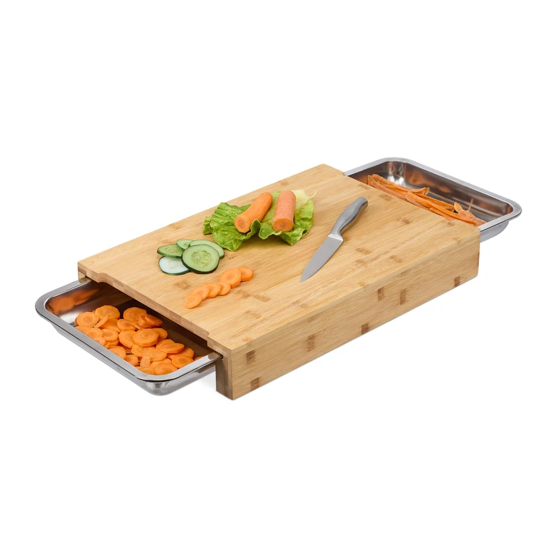 Relaxdays Bamboo Chopping Board with 2 Removable Trays, HWD: 8 x 45 x 30 cm, Elevated Kitchen, Meat, Natural/Silver - Image 1