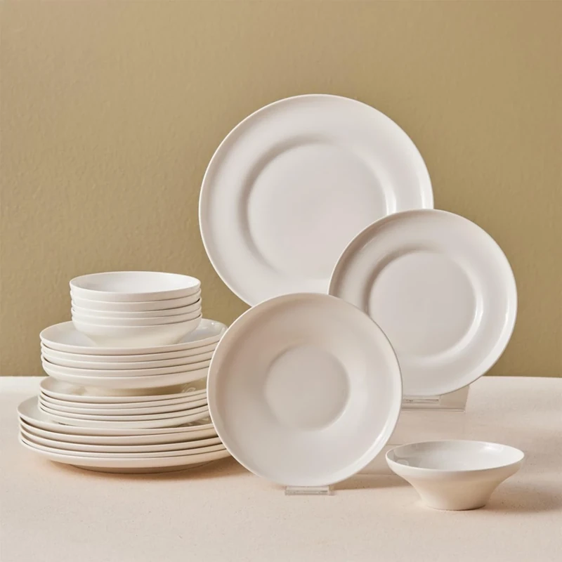Karaca Streamline Selene White Dinner Set for 6 People - Bone China Plates and Bowl - Kitchen Dinner Service Crockery Set - 24 Piece