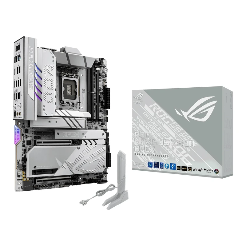 ASUS Intel ROG Maximus Z890 Apex ATX motherboard, 22+1+2+2 power stages, DDR5 slots, PCIe 5.0 with full support for next-gen GPUs, six M.2 slots, WiFi 7, AI Overclocking, PCIe Slot Q-Release Slim