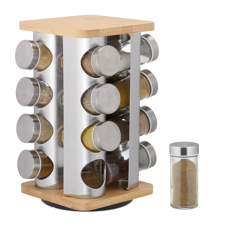 Relaxdays Spice Carousel, 16 Jars, 360° Rotating, Stainless Steel, Bamboo, Glass, HxWxD: 28 x 20 x 20 cm, Silver/Natural