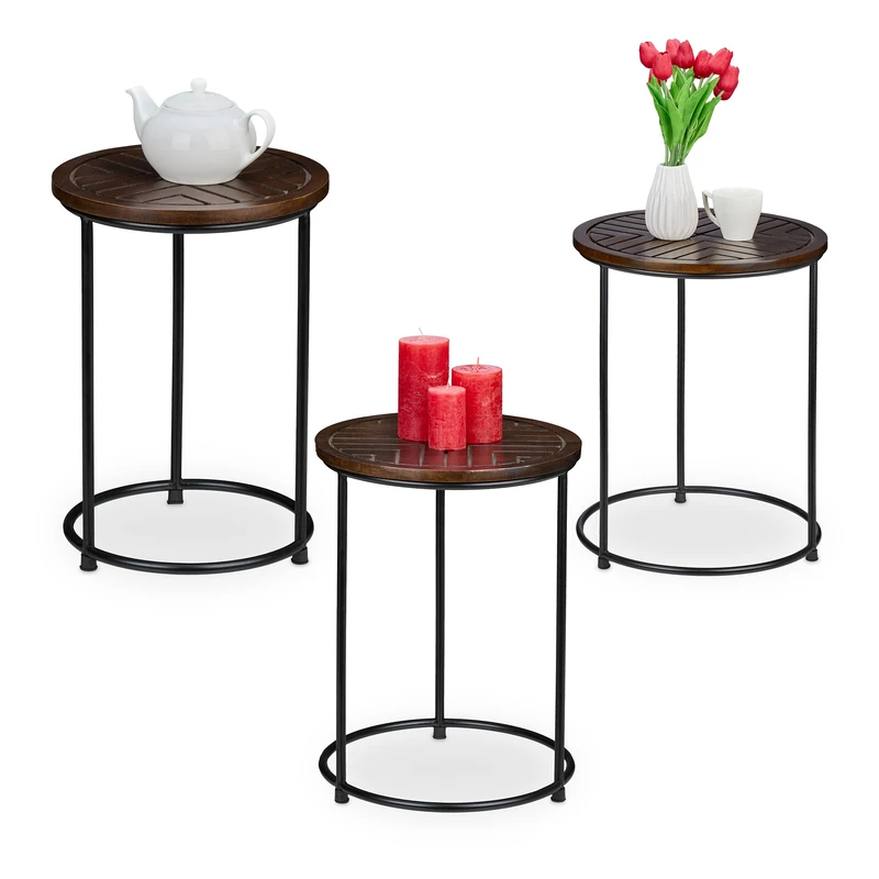 Relaxdays Nesting, Set of 3, Mango Wood and Iron, Round Side-Tables, for Living Room or Hallway, Brown/Black, 53 x 41 x 41 cm
