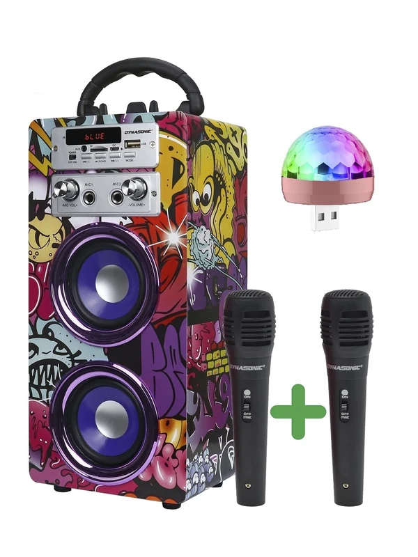 DYNASONIC Portable Karaoke Machine, Karaoke Speaker with 2 Microphones, Bluetooth Speaker, USB Light Included, USB and SD Reader, Original Gift (025-12 Light)