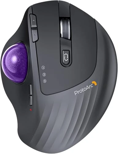 ProtoArc EM01 EN Wireless Trackball Mouse, Ergonomic Bluetooth Rollerball Thumb Mouse Rechargeable Computer Laptop Mouse, Adjustable Angle & 3 Devices Connection for PC, Mac, Windows-Violet Ball