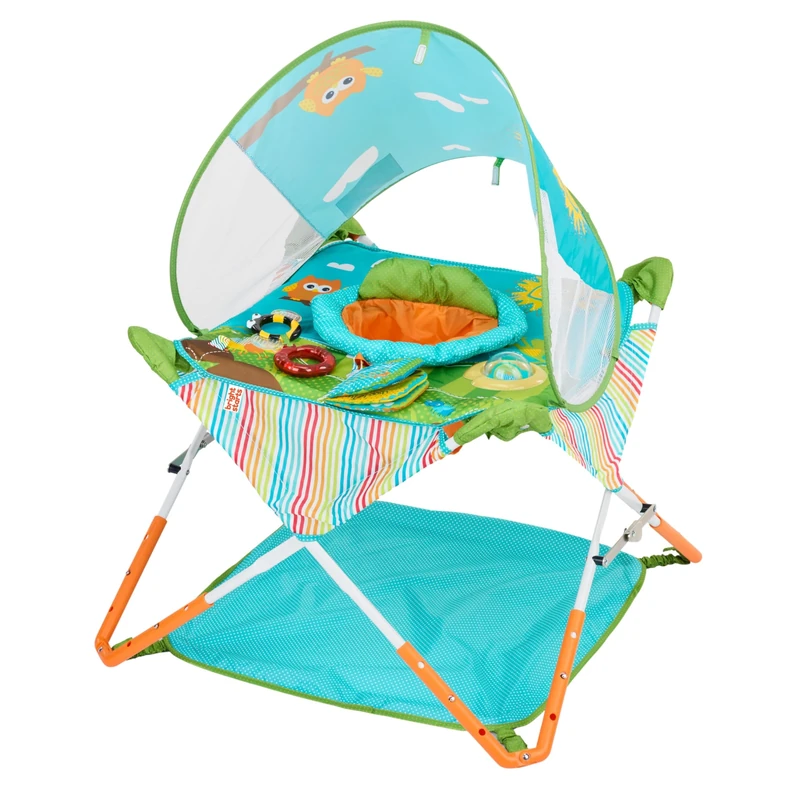 Bright Starts Pop 'N Jump Portable Activity Jumper, Indoor/Outdoor Use, Owl Forest with 4 Sensory Toys, Ages 6-12 Months