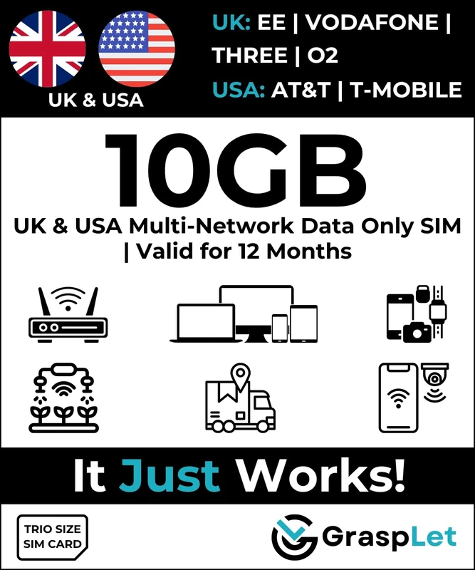 UK and USA 4G/5G Multi-Network Data Sim | Automatically Connects to the strongest Signal | 12-Months Validity (10GB - 12 Months)