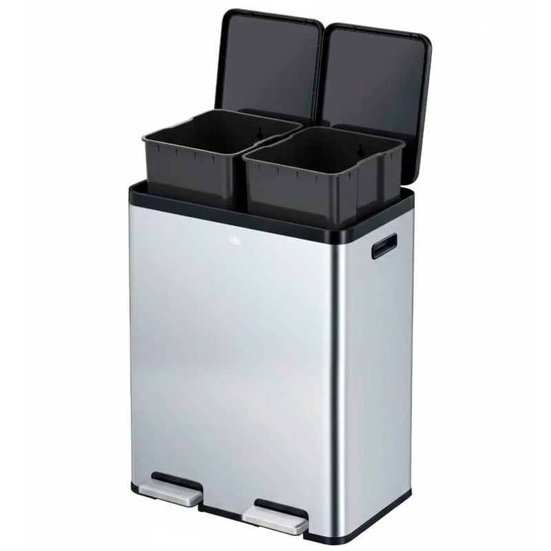 EKO | Kitchen Recycling Bin 30L+30L with Double Pedal | Anti-Fingerprint Stainless Steel Waste Bin with Elegant Resin Lid | Separate Recycling and Trash Bins | Compact Design