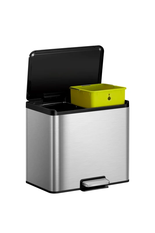EKO Rubbish Bin 2 Compartments 15L + 15L Essential Stainless Steel Recycling Trash Bin, Ideal for Kitchen, with Pedal and Soft Close Recycling Bins