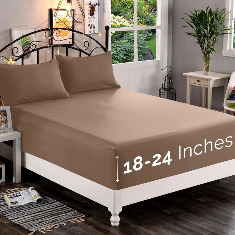 Elegant Comfort Premium Ultra Soft Fitted Sheet 18-24 Inch Deep Pocket 1500 Thread Count for High Mattress, Wrinkle Free Smart Storage Pockets, Queen Size, Taupe