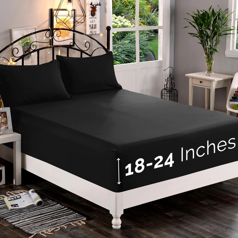 Elegant Comfort 1500 Premium Quality Fitted Sheet Ultra Soft 18-24 Inch Extra Deep Pocket - Single Fitted Sheet for High Mattress - Wrinkle Free with Smart Storage Pockets, Queen, Black
