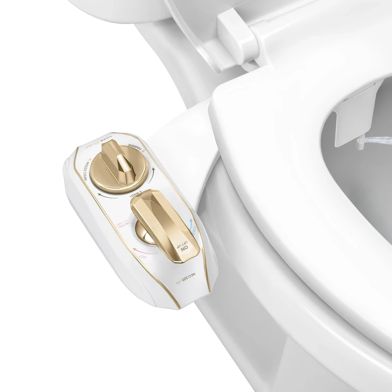 LUXE Bidet NEO 320 Plus - Warm Water, Dual Nozzle, Non-Electric Bidet Attachment for Toilet Seat, Patented Slide-In Install, 360° Self-Clean, EZ-Lift to Clean, Feminine & Rear Wash (Gold)