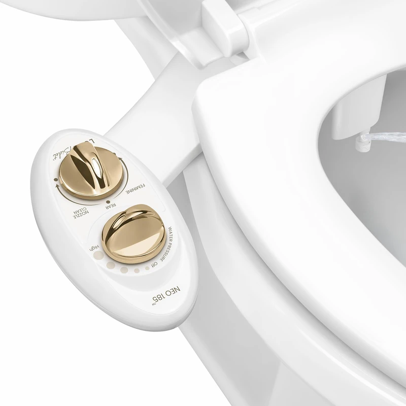 LUXE Bidet NEO 185 - Self-Cleaning, Dual Nozzle, Non-Electric Bidet Attachment for Toilet Seat, Adjustable Water Pressure, Rear and Feminine Wash (Gold)