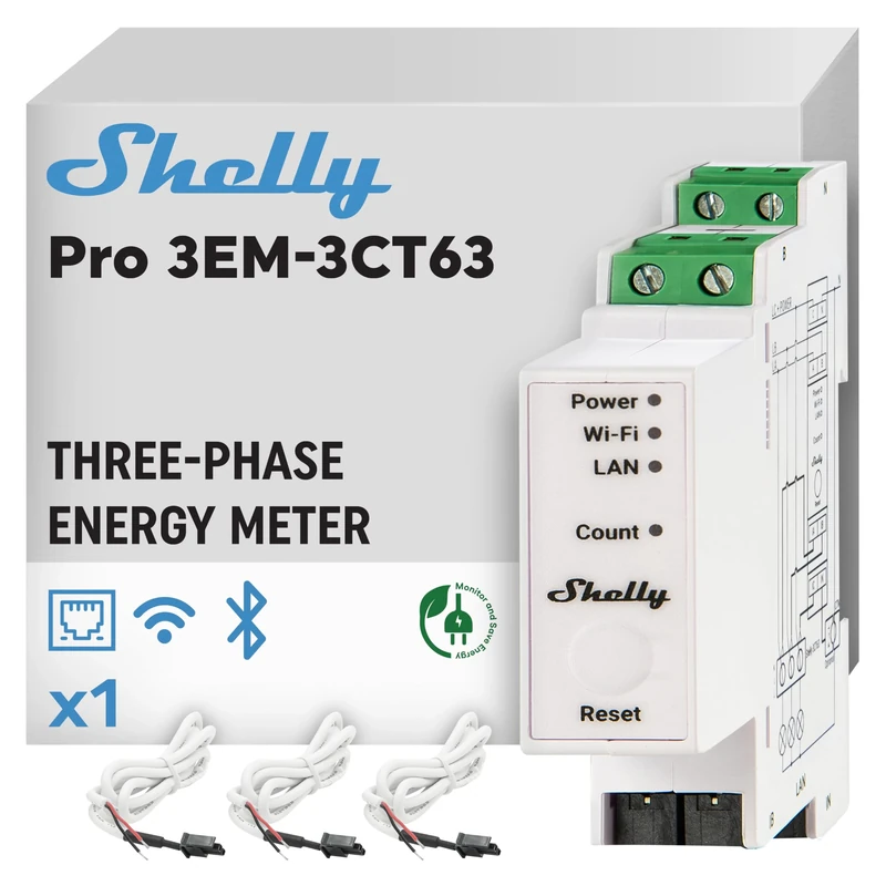 Shelly Pro 3EM-3CT63, Wi-Fi & LAN Single or 3-phase Smart Energy Meter & Current Transformer, 63A, DIN-rail mountable, Real-Tim Monitoring, No Hub Required, Solar/Net Metering, No Relay Switch