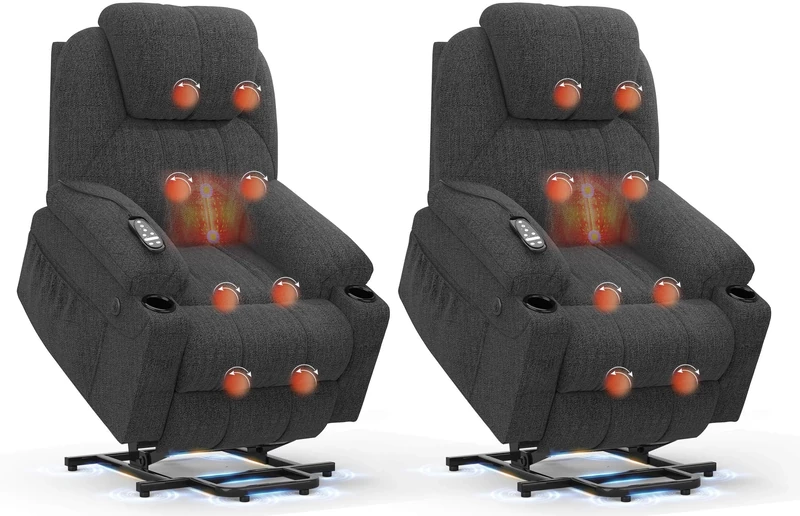 BareTay Recliner Armchair-Set of 2, Lift Chair For the Elderly, Power Recliner Chair with Massage & Heat, Extended Footrest, Type C+USB Ports, 2 Cup Holders, Dual Side Pockets Reclining Chairs
