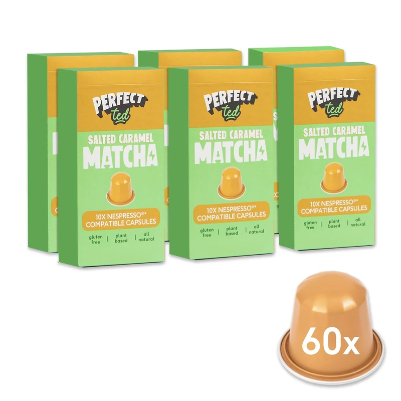 PerfectTed Salted Caramel Matcha Pods, Ceremonial Grade Japanese, 60 Nespresso Compatible Capsules, Quick & Easy Sweet Lattes | with L-Theanine | Natural Flavour | Vegan