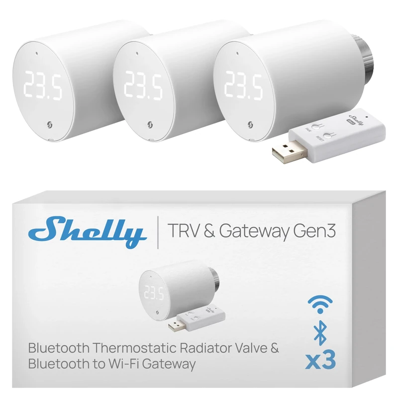 Shelly Blu TRV & Shelly Blu Gateway Gen3 - Bluetooth & ZIgbee Smart Radiator Thermostat, Precise Temperature Control, Rotatable Screen, Boost Mode, Long-lasting, Bluetooth Gateway Included (3 pack)