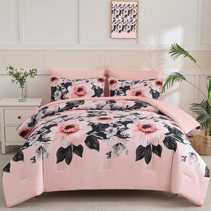 Yogeneg King Size Comforter Set 7 Piece Bed in a Bag,Pink Black Floral Botanical Pattern Blush Bedding Set,Soft Microfiber Comforter with Sheet Set,All Season Bed Set(Pink Black,King)