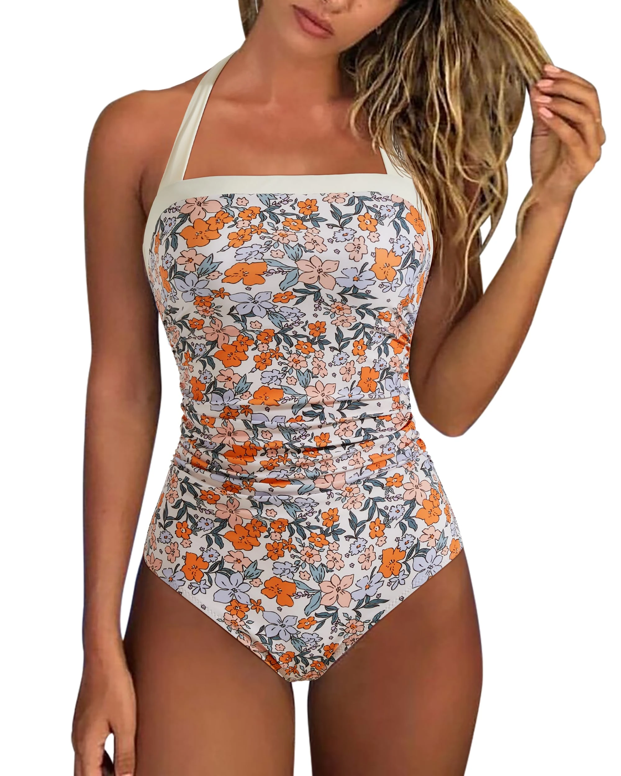 RXRXCOCO Womens Tummy Control Swimwear Halter Neck One-Piece Swimsuits Padded Swimming Costume