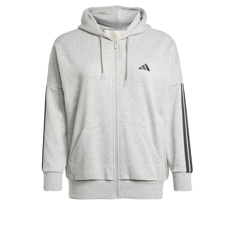 adidas Women's ESSENTIALS 3-STRIPES FULL-ZIP FLEECE HOODIE (PLUS SIZE), Medium Grey Heather/Black, XL Plus