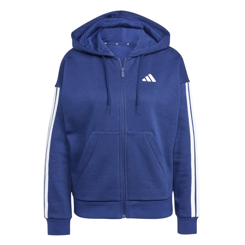adidas Women's ESSENTIALS 3-STRIPES FULL-ZIP FLEECE HOODIE, dark blue/white, XXS