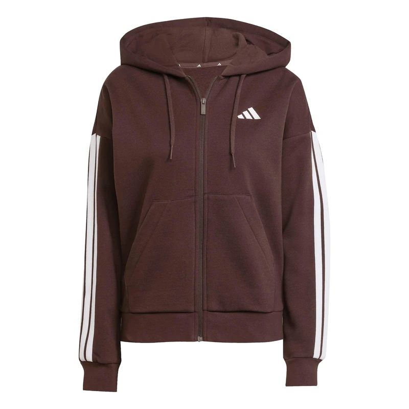adidas Women's ESSENTIALS 3-STRIPES FULL-ZIP FLEECE HOODIE, shadow brown/white, XXS
