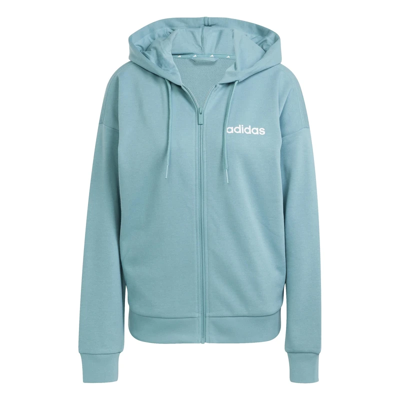 adidas Women's ESSENTIALS LINEAR FULL ZIP FRENCH TERRY HOODIE, powder teal/white, XXL