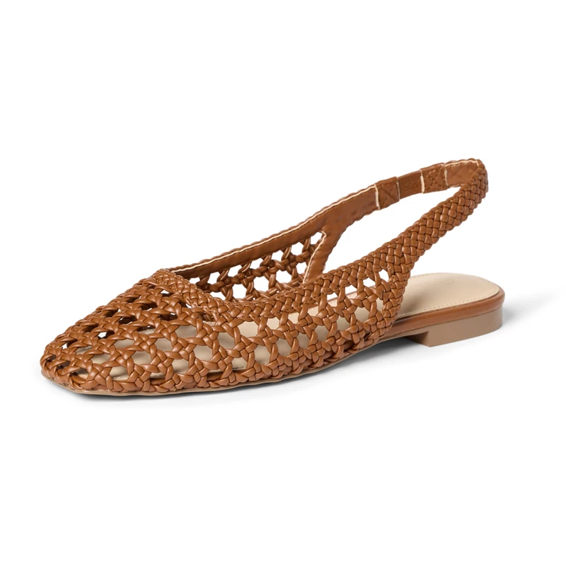 The Drop Palma Slingback Flat Sling Back Sandals, Cognac Woven, 5.5 UK