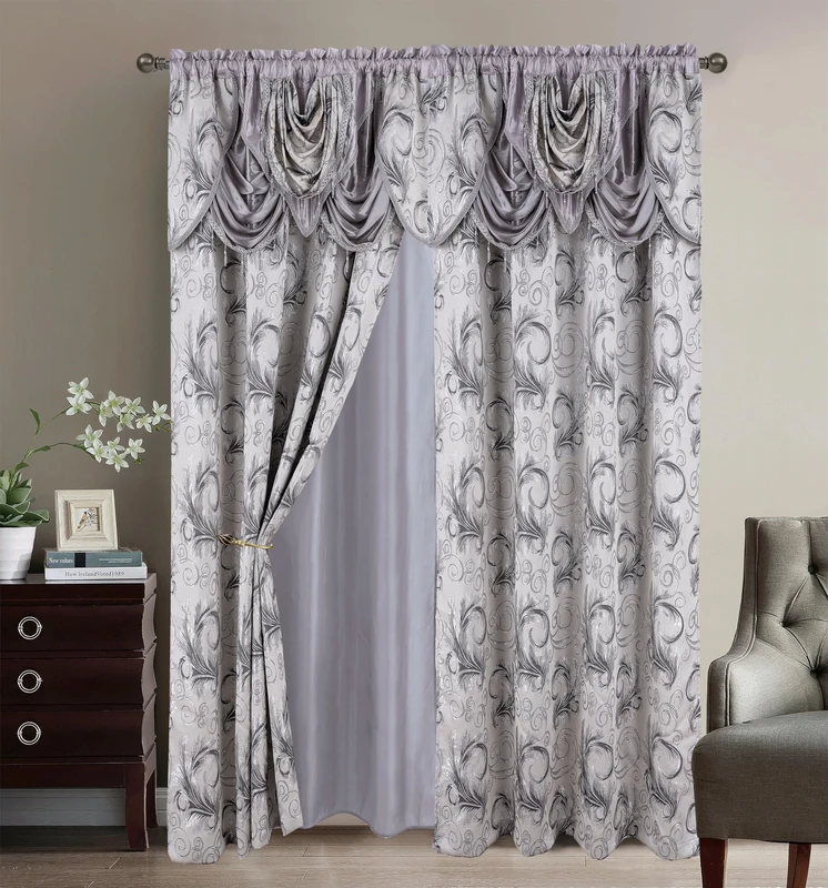 GLORY RUGS Jacquard Luxury 2 Curtain Panel Set with Attached Valance and Backing Bedroom Living Room Dining 54X84 inches Silver Gray