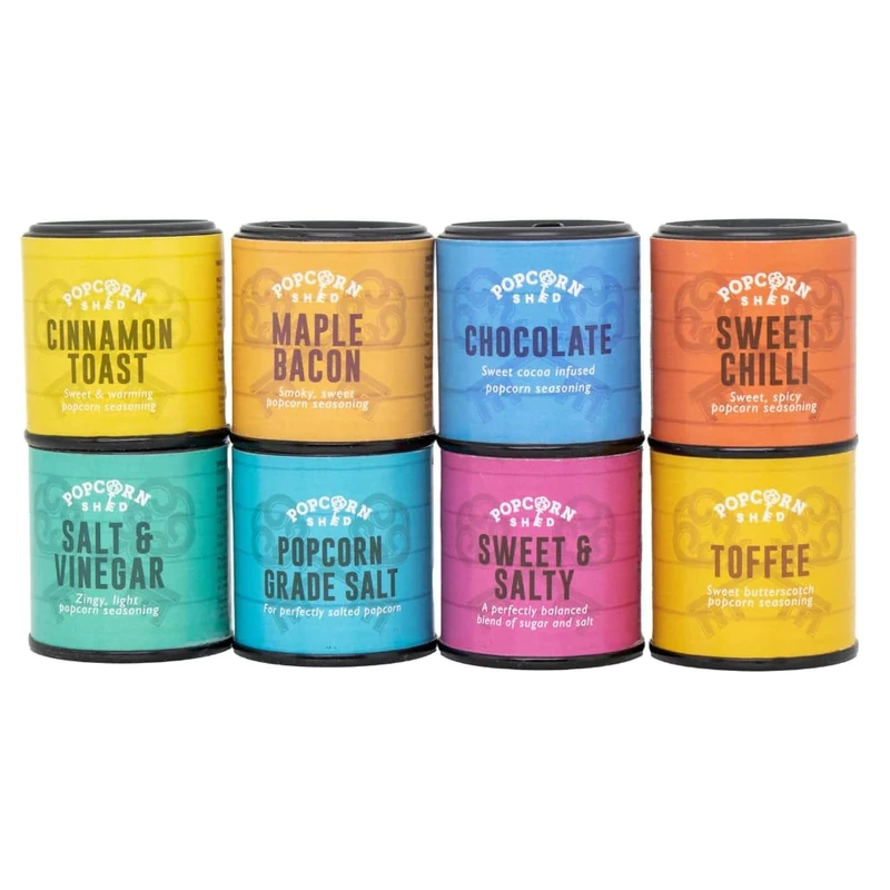 Popcorn Shed Popcorn Seasonings (8 Flavours) - Sweet and Savoury Popcorn Flavouring Variety Pack, Easy & Low Calorie Snack, Perfect for Parties, Movie Nights & Gifting