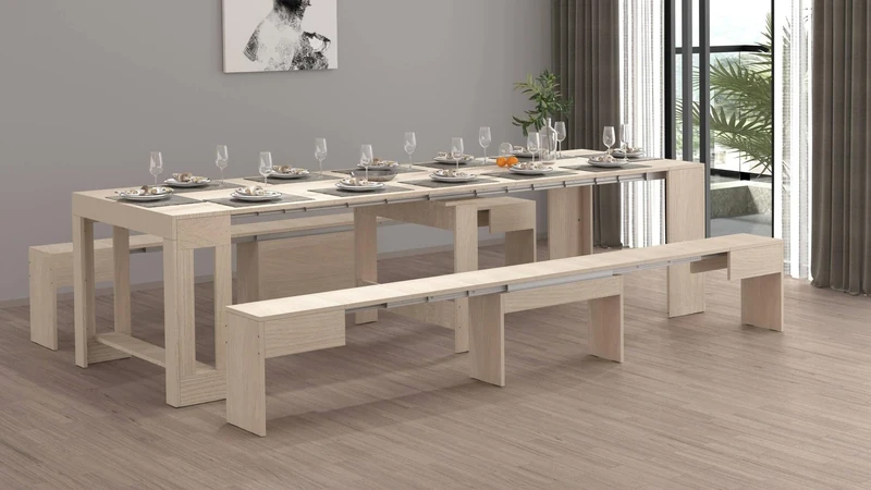 Dmora - Torquato Bench, Set of 2 Chairs for Dining Table, Extendable Benches, 290 x 25 x 45 cm, Elm